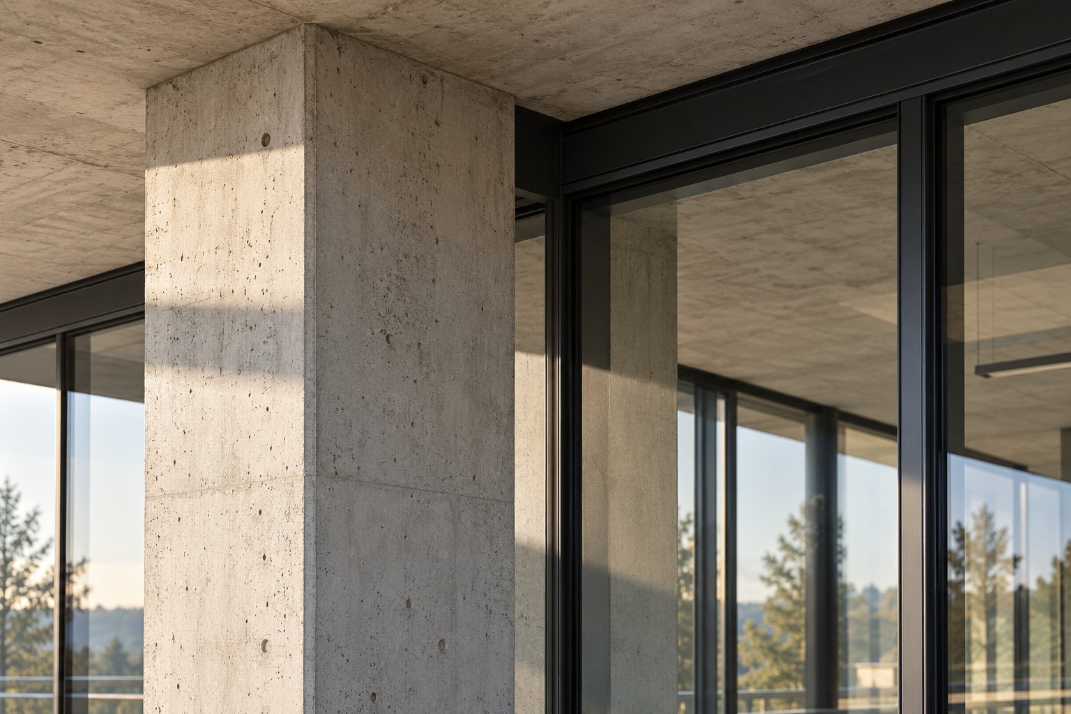 Detalj av betong og glass i moderne skandinavisk arkitektur